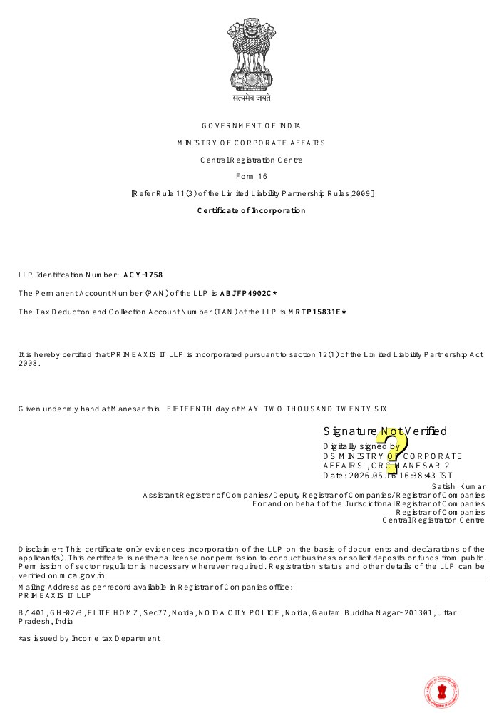 PrimeAxis IT LLP certificate of incorporation preview